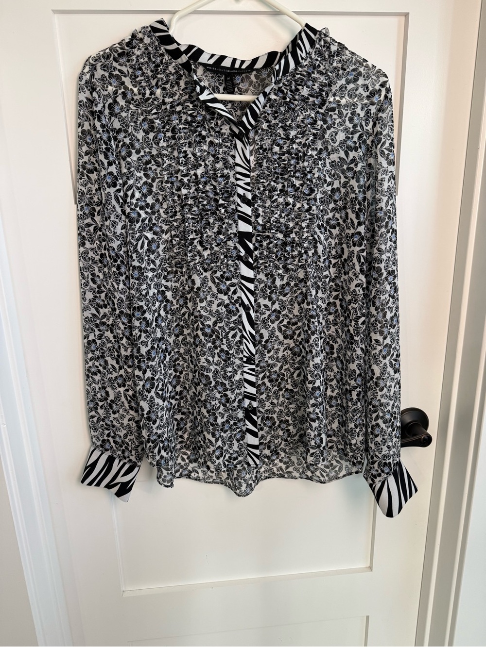White House Black Market Black & White Floral Ruffle Blouse with Zebra Trim